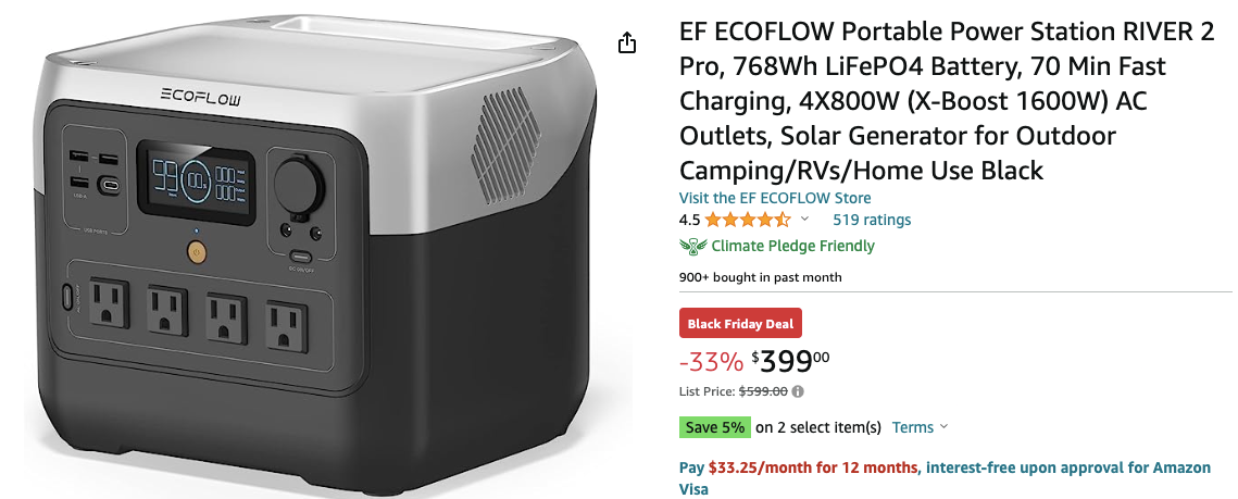 EF ECOFLOW Portable Power Station RIVER 2 Pro, 768Wh LiFePO4 Battery, 70  Min Fast Charging, 4X800W (X-Boost 1600W) AC Outlets, Solar Generator for